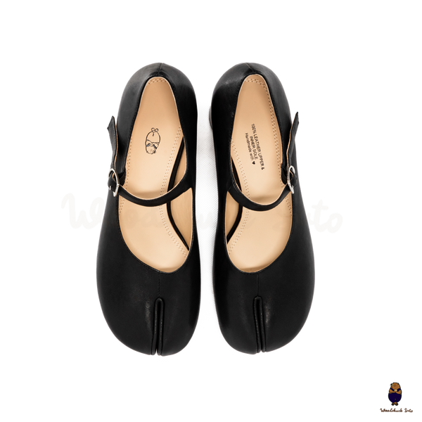 WoodchuckSato Black Leather Buckle-Strap Tabi Mary Jane 6cm Heels