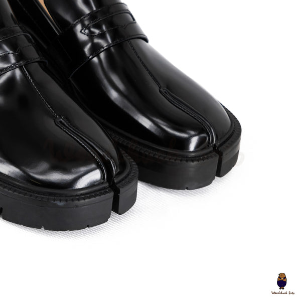 WoodchuckSato Black Fold-Heel Edge-Beaded Cowhide Leather Tabi Loafers with Removable Blue Strap and Chunky Sole