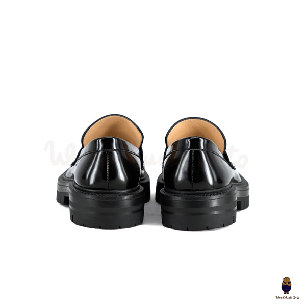 WoodchuckSato Black Fold-Heel Edge-Beaded Cowhide Leather Tabi Loafers with Removable Blue Strap and Chunky Sole