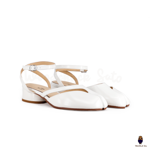 WoodchuckSato Mina White Ankle-Strap Tabi Heels