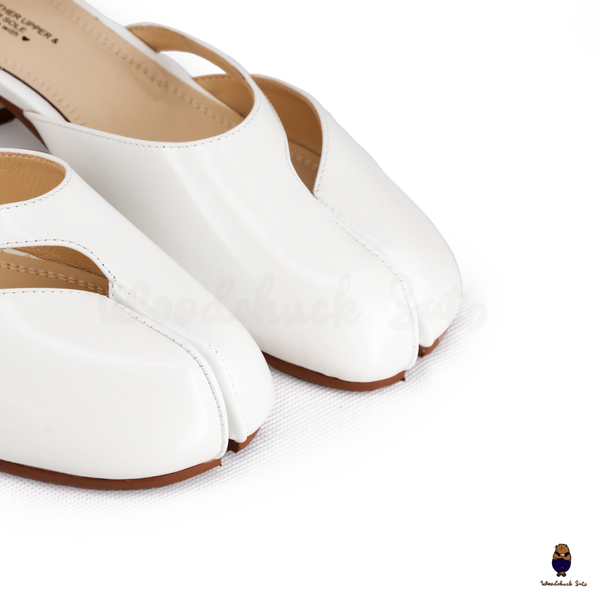 WoodchuckSato Mina White Ankle-Strap Tabi Heels