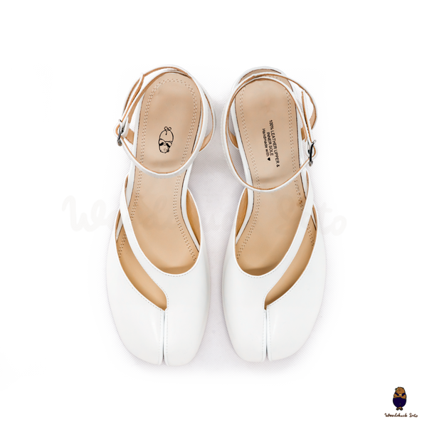 WoodchuckSato Mina White Ankle-Strap Tabi Heels
