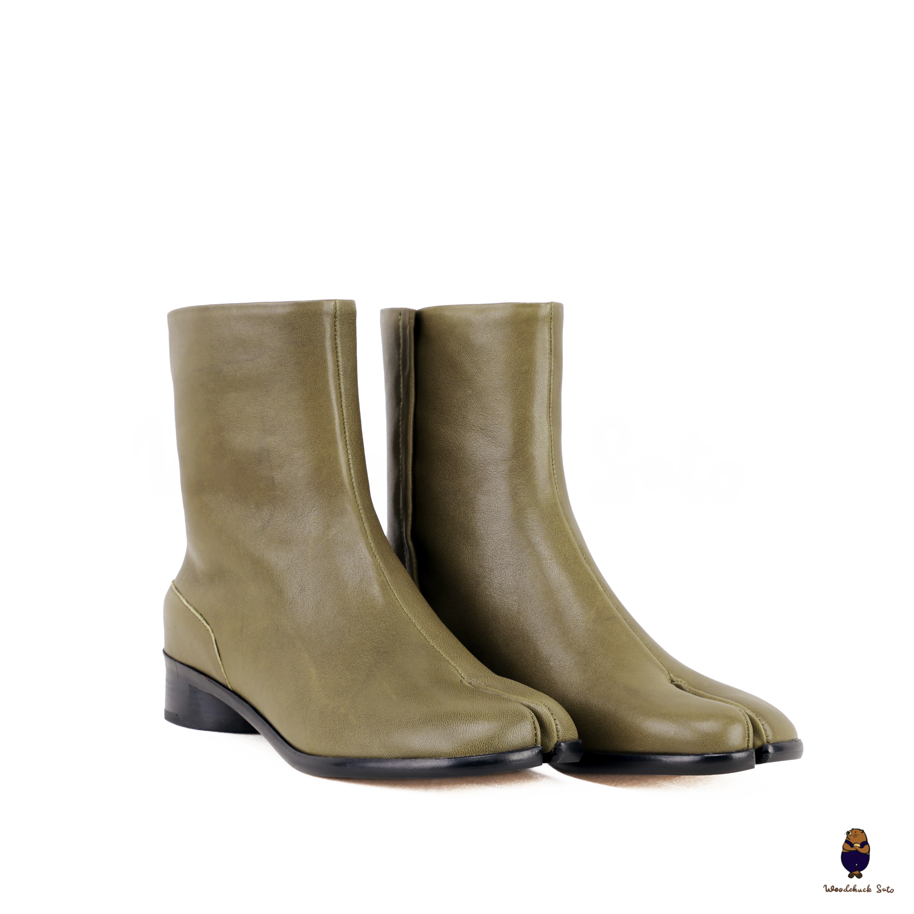 WoodchuckSato Japanese Olive Green Cow Leather Tabi Ankle Boots 3