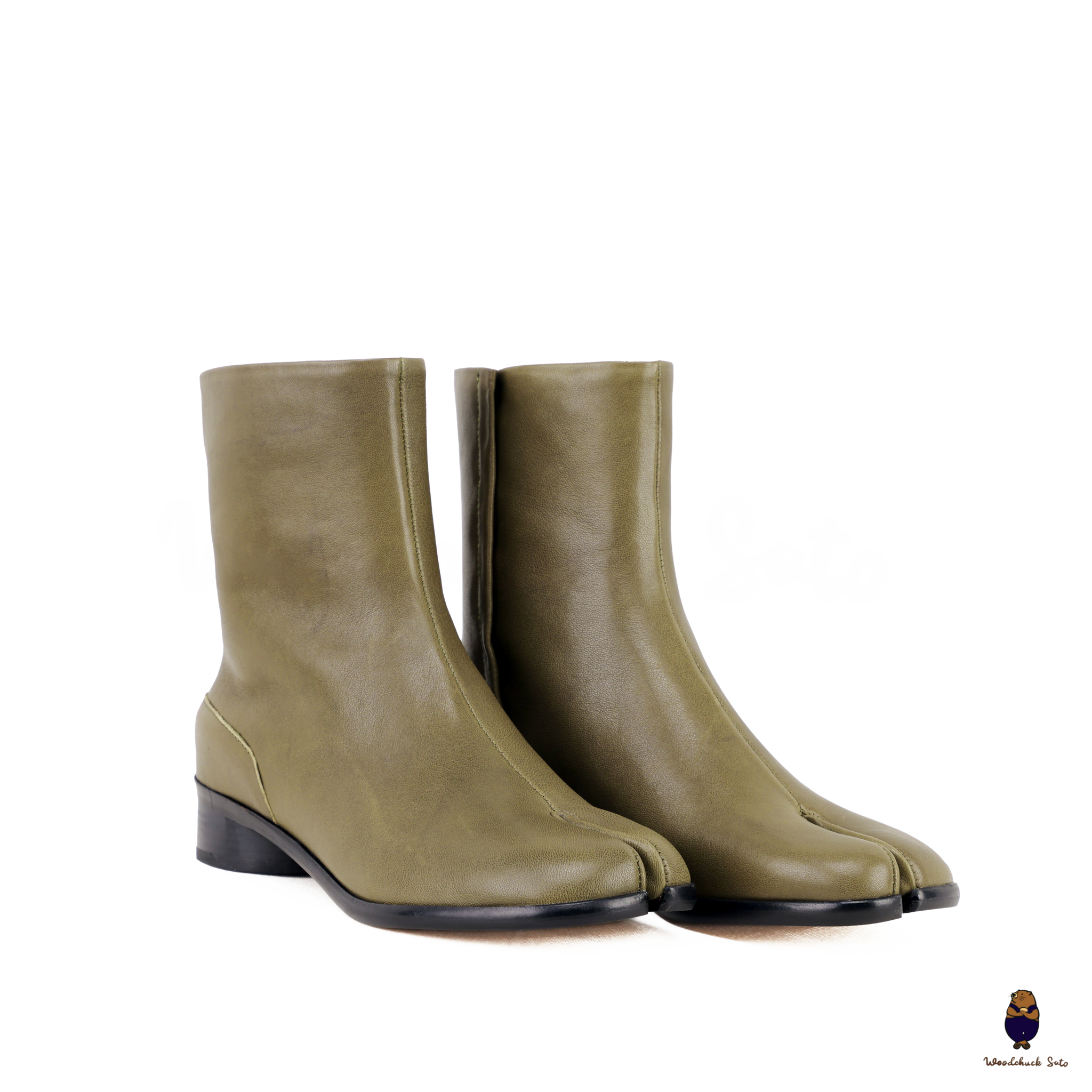 WoodChuckSato Women's Men's Olive Green Tabi Split-Toe Cow Leather Boots with 3cm Heel Height Sizes EU 35-48