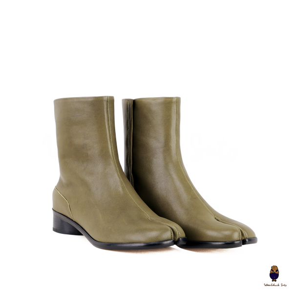 WoodChuckSato Women's Men's Olive Green Tabi Split-Toe Cow Leather Boots with 3cm Heel Height Sizes EU 35-48