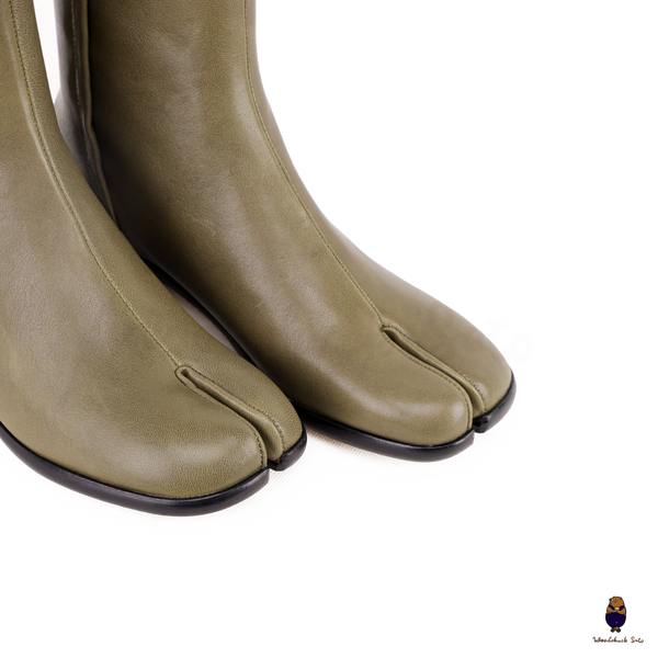 WoodChuckSato Women's Men's Olive Green Tabi Split-Toe Cow Leather Boots with 3cm Heel Height Sizes EU 35-48