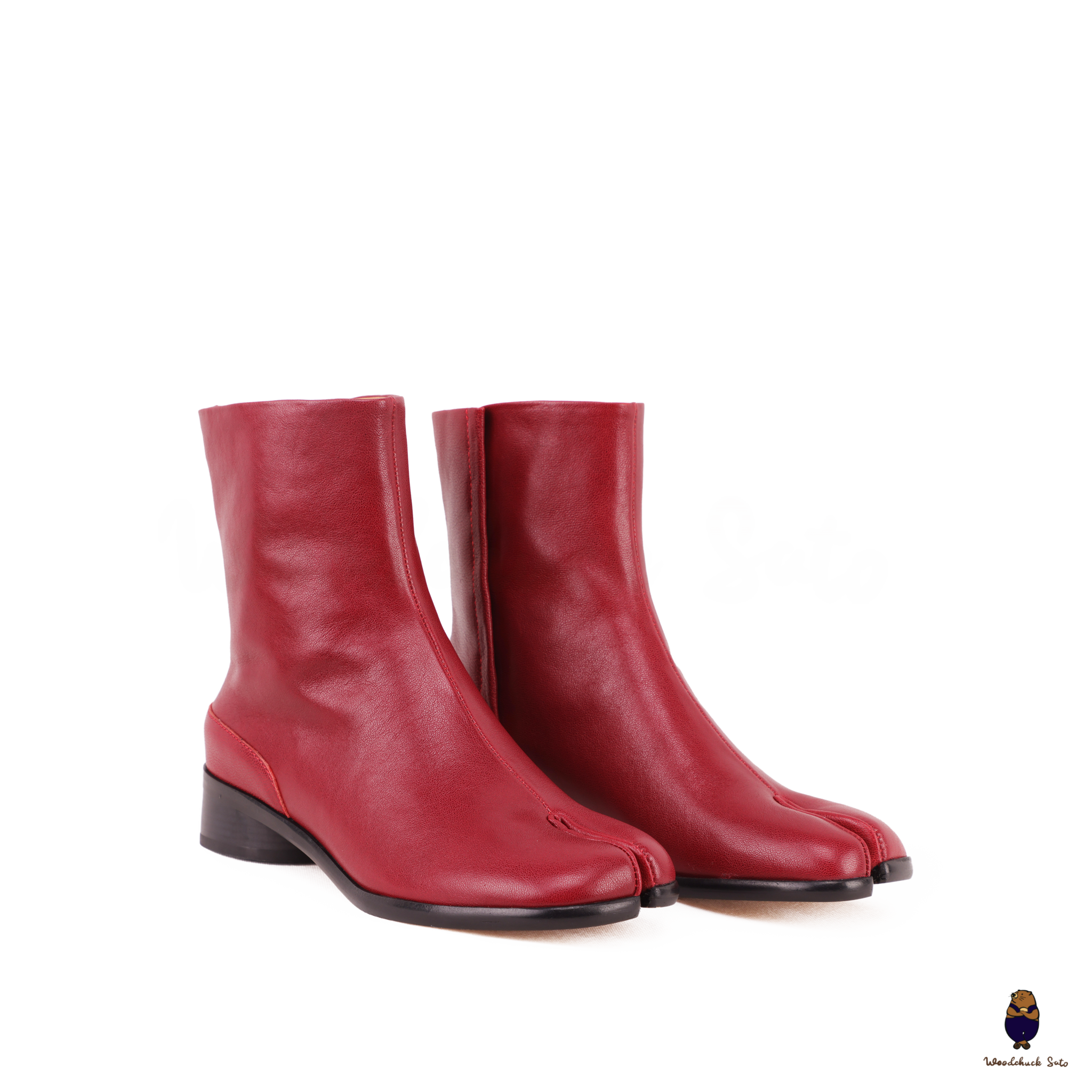 WoodChuckSato Women's Men's Dark Red Tabi Split-Toe Cow Leather Boots with 3cm Heel Height Sizes EU 35-48