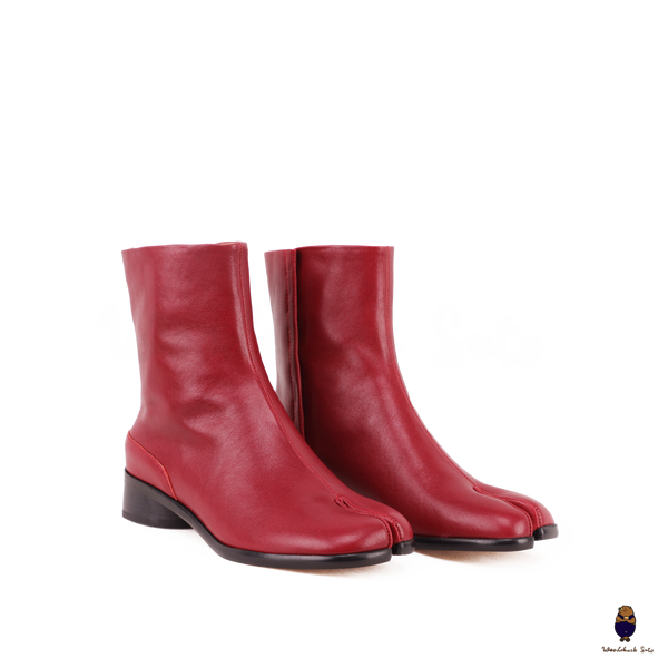 WoodChuckSato Women's Men's Dark Red Tabi Split-Toe Cow Leather Boots with 3cm Heel Height Sizes EU 35-48
