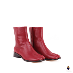 WoodchuckSato Christmas Crimson Red Leather Tabi Ankle Boots 3 cm
