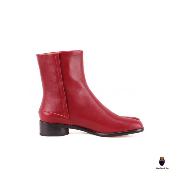 WoodChuckSato Women's Men's Dark Red Tabi Split-Toe Cow Leather Boots with 3cm Heel Height Sizes EU 35-48