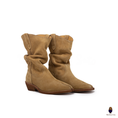 WoodchuckSato Tan Cow Suede Slouchy Western Boots with Low Heel