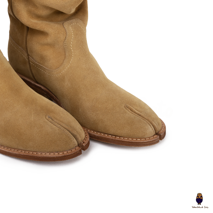 WoodChuckSato レディース メンズ 足袋 スプリットトゥ ベージュ ウエスタン ウシ アンチスエード レザー ブーツ サイズ EU 35-45