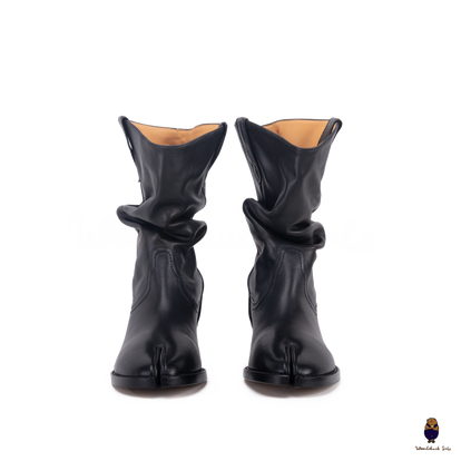 WoodchuckSato Black Cow Leather Tabi Western Boots with Low Heel