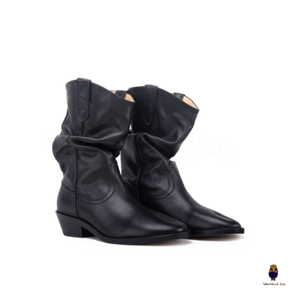 WoodchuckSato Black Cow Leather Tabi Western Boots with Low Heel WoodchuckSato Black Cow Leather Tabi Western Boots with Low Heel