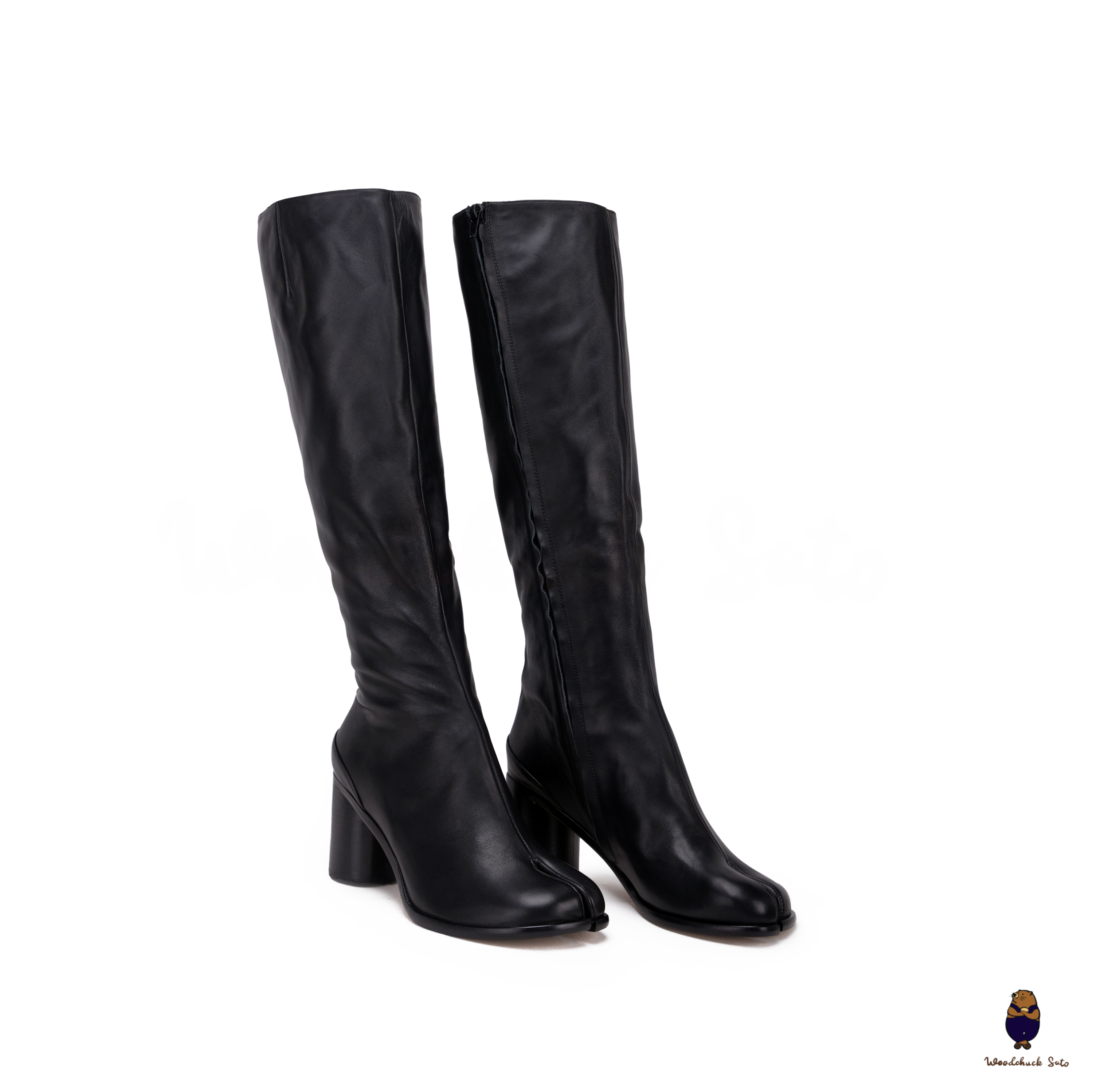 WoodchuckSato Japanese Black Cow Leather Tabi Knee Boots 8 cm Heel WoodchuckSato Japanese Black Cow Leather Tabi Knee Boots 8 cm Heel