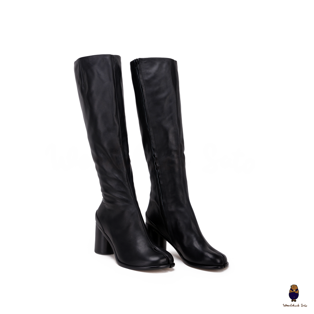 WoodchuckSato Japanese Black Cow Leather Tabi Knee Boots 8 cm Heel WoodchuckSato Japanese Black Cow Leather Tabi Knee Boots 8 cm Heel