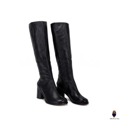 WoodchuckSato Japanese Black Cow Leather Tabi Knee Boots 8 cm Heel