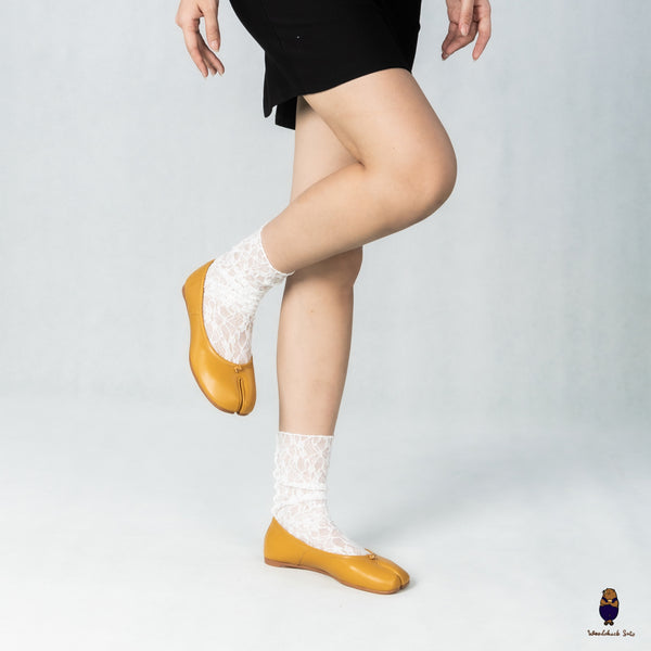WoodChuckSato Women's Men's Mustard Yellow Tabi Split-Toe Sheep Leather Ballet Flats Sizes EU 35-45