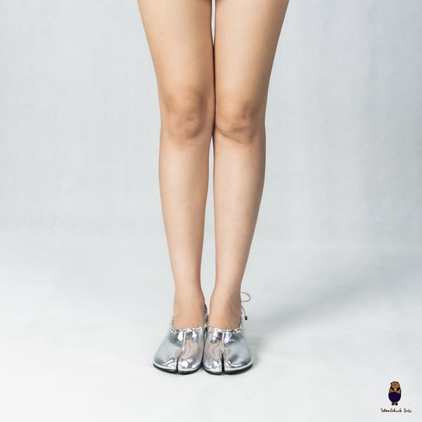 WoodchuckSato Silver Leather Tabi Heeled Flats with Black Rope Trim Sizes
