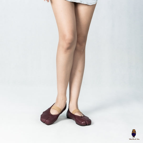WoodChuckSato Women's Men's Burgundy Tabi Split-Toe "Distressed" Leather Ballet Flats with Elastic Band Sizes EU 35-45