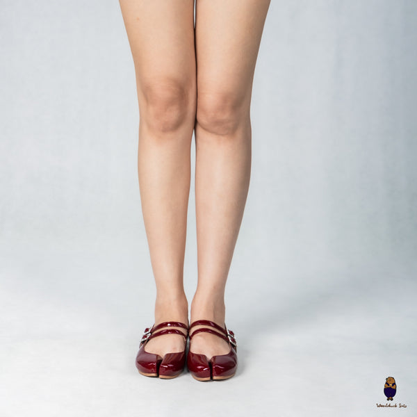 WoodchuckSato Burgundy Patent Leather Double-Strap Tabi Mary Jane Shoes Split-Toe Flats in Sizes 35 to 45