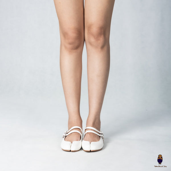 WoodchuckSato White Patent Leather Double-Strap Tabi Mary Jane Shoes Split-Toe Flats in Sizes 35 to 45