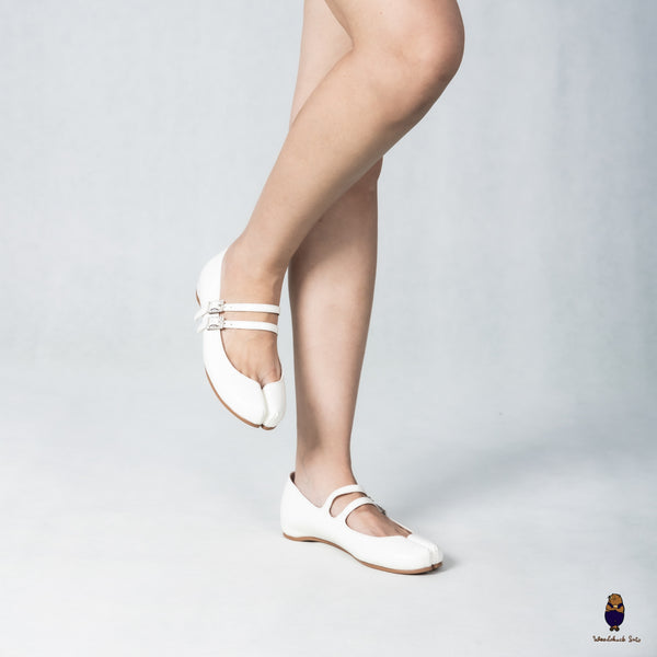WoodchuckSato White Patent Leather Double-Strap Tabi Mary Jane Shoes Split-Toe Flats in Sizes 35 to 45