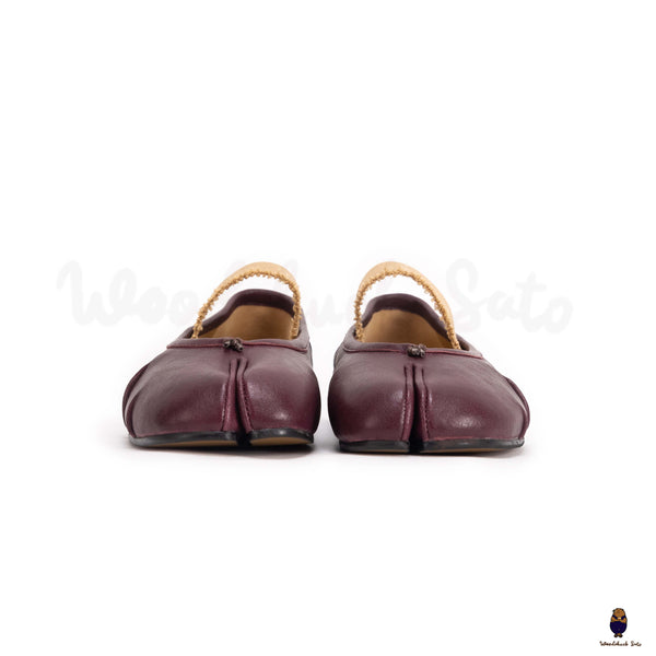 WoodChuckSato Damen- und Herren-Ballerinas Tabi Split-Toe „Distressed“ aus Leder in Burgunderrot mit elastischem Band, Größen EU 35–45