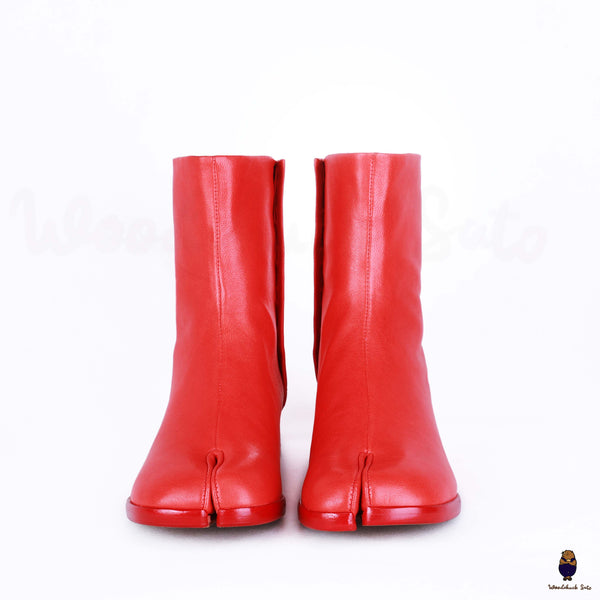 Rote Tabi-Lederstiefel für Damen/Herren mit geteilter Zehenpartie und 3 cm Absatzhöhe, EU35–48