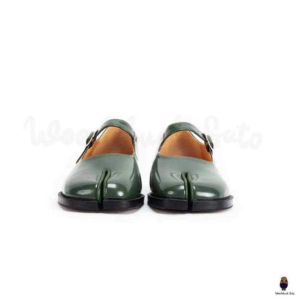WoodChuckSato Zapatos planos Mary Jane de charol con punta dividida Tabi verde para hombre y mujer con correas de hebilla ajustables, tallas EU 35-47