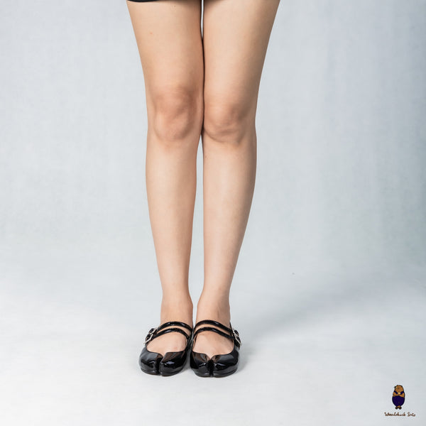 WoodchuckSato Black Patent Leather Double-Strap Tabi Mary Jane Shoes Split-Toe Flats in Sizes 35 to 45