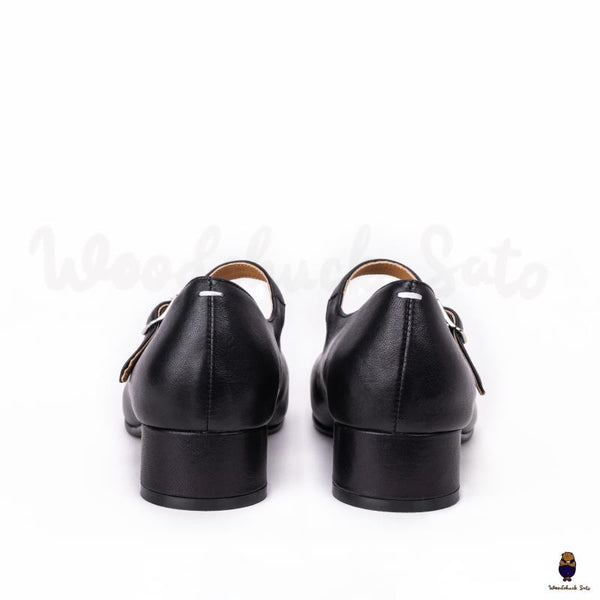 WoodChuckSato Damen Herren Schwarze Tabi Split-Toe Mary Jane-Schuhe aus Schafsleder mit 3 cm Absatz und verstellbarem Riemen, Größen EU 35–41