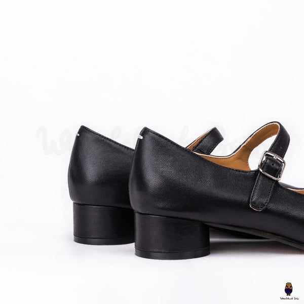 WoodChuckSato Damen Herren Schwarze Tabi Split-Toe Mary Jane-Schuhe aus Schafsleder mit 3 cm Absatz und verstellbarem Riemen, Größen EU 35–41