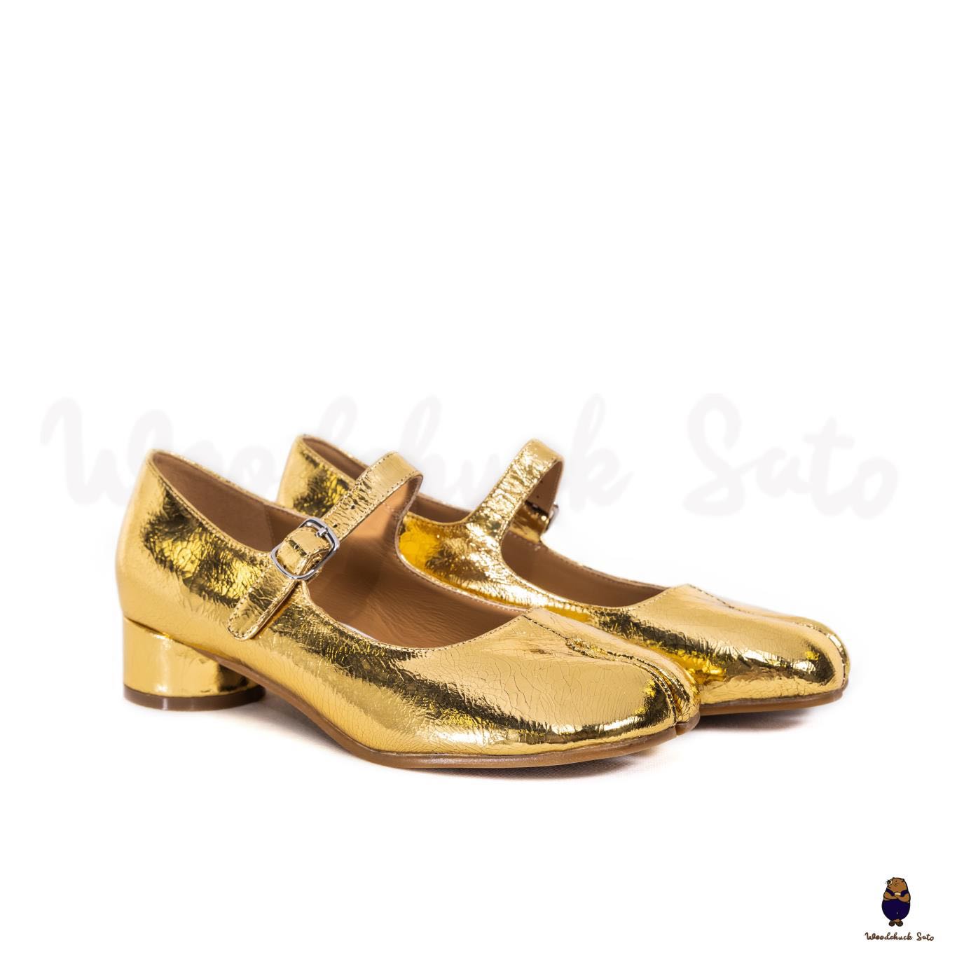 WoodChuckSato Scarpe Mary Jane da Uomo in Pelle di Pecora con Punta Divisa Golden Tabi da Donna con Tacco di 3 cm e Cinturino Regolabile Taglie EU 35-41