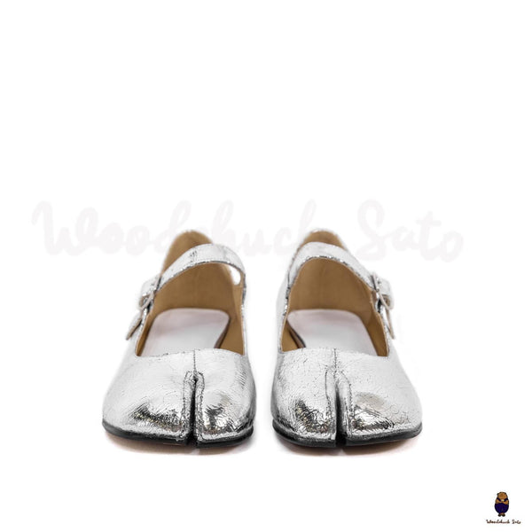 WoodChuckSato Scarpe da Uomo Mary Jane in Pelle di Pecora con Punta Divisa Argento Cracked da Uomo con Tacco di 3 cm e Cinturino Regolabile Taglie EU 35-41