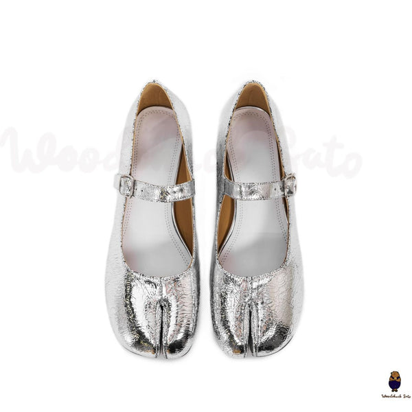 WoodChuckSato Scarpe da Uomo Mary Jane in Pelle di Pecora con Punta Divisa Argento Cracked da Uomo con Tacco di 3 cm e Cinturino Regolabile Taglie EU 35-41