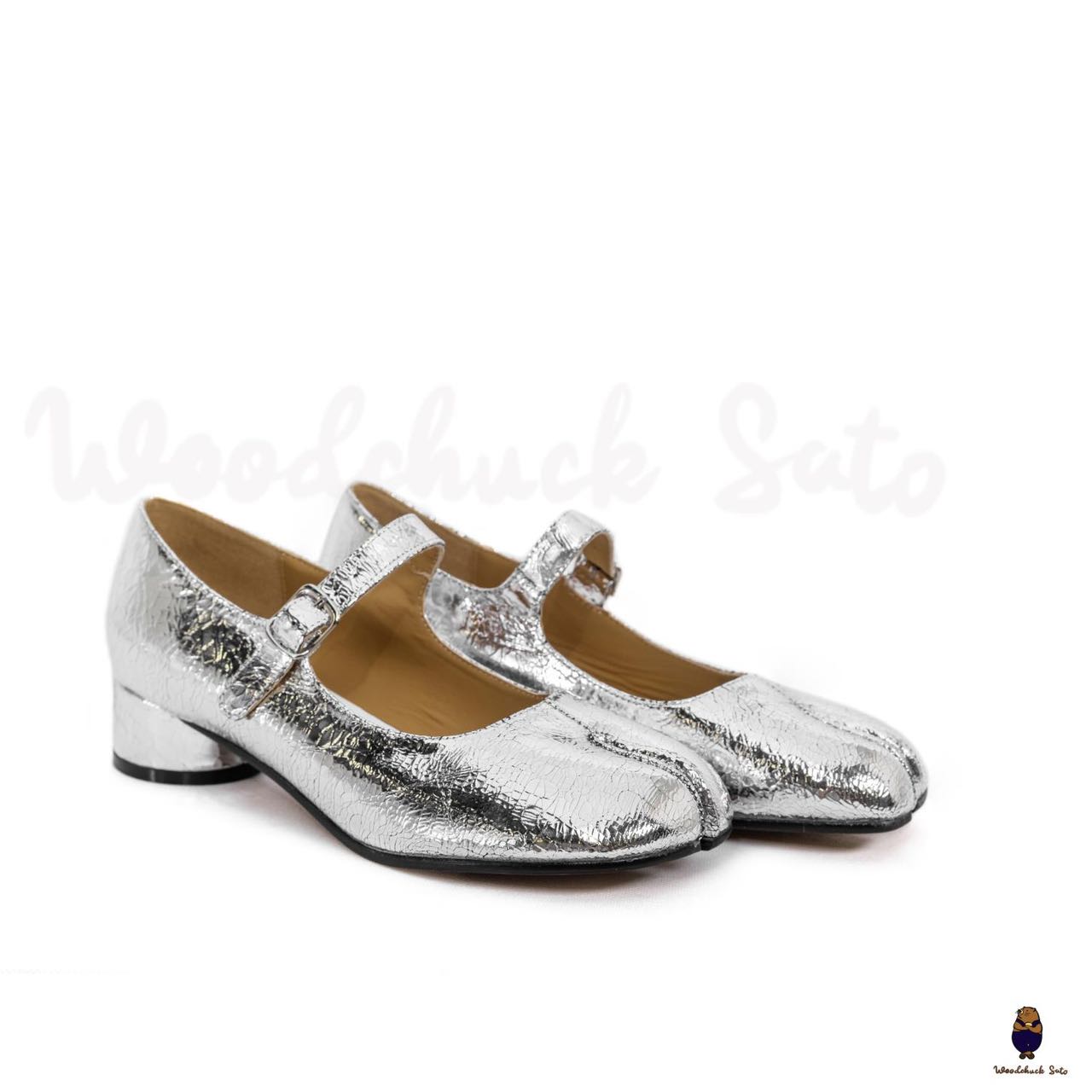 WoodChuckSato Scarpe da Uomo Mary Jane in Pelle di Pecora con Punta Divisa Argento Cracked da Uomo con Tacco di 3 cm e Cinturino Regolabile Taglie EU 35-41