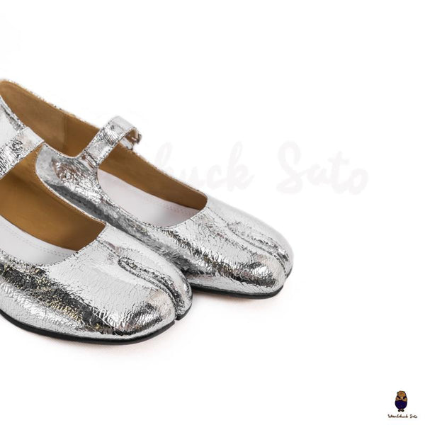 WoodChuckSato Scarpe da Uomo Mary Jane in Pelle di Pecora con Punta Divisa Argento Cracked da Uomo con Tacco di 3 cm e Cinturino Regolabile Taglie EU 35-41