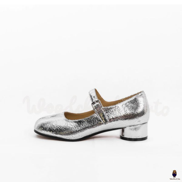 WoodChuckSato Scarpe da Uomo Mary Jane in Pelle di Pecora con Punta Divisa Argento Cracked da Uomo con Tacco di 3 cm e Cinturino Regolabile Taglie EU 35-41