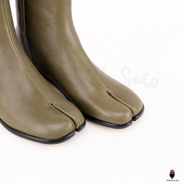 Damen-/Herren-Tabi-Lederstiefel mit geteilter Zehenpartie in Olivgrün und 3 cm Absatzhöhe, EU35–48