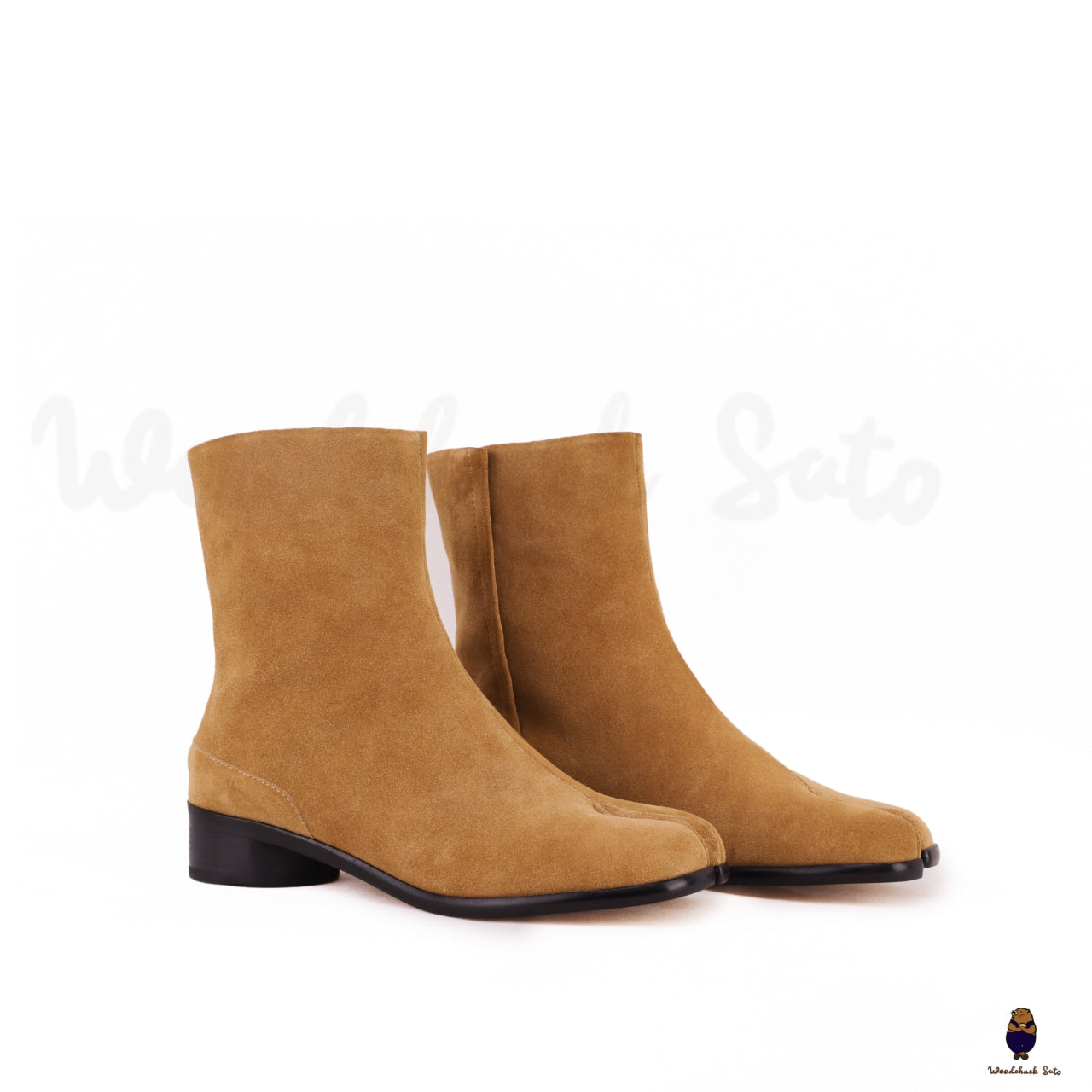 WoodChuckSato レディース メンズ ライトブラウン 足袋 スプリットトゥ アンチスエード レザー ブーツ 3cm ヒール高 サイズ EU 35-48
