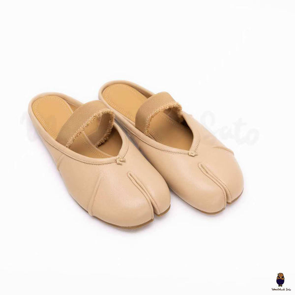 WoodChuckSato Zapatos de ballet tipo mula de cuero "envejecido" con punta dividida y tabi beige para hombre y mujer con banda elástica Tallas EU 35-45