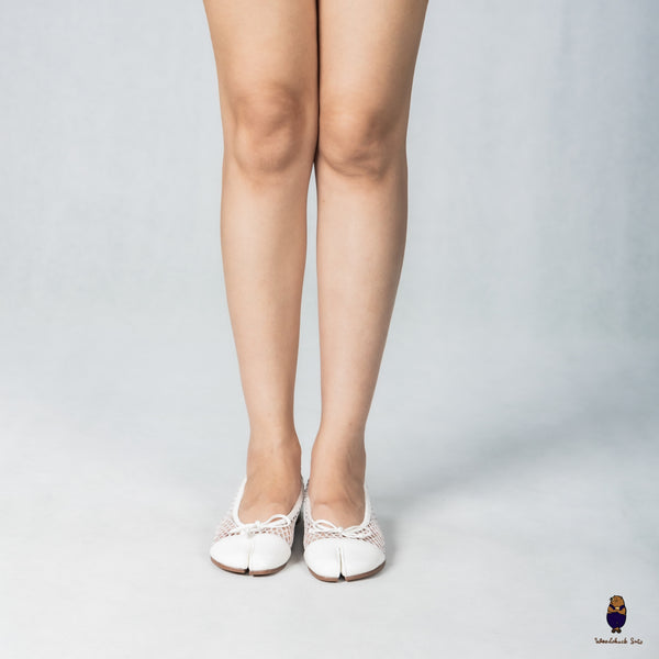 WoodchuckSato White Patent Leather Mesh Tabi Ballet Flats with Bow