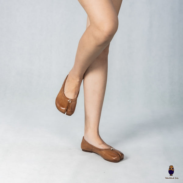 WoodchuckSato Caramel Brown Vintage Horse Leather Tabi Ballet Flats 35-48