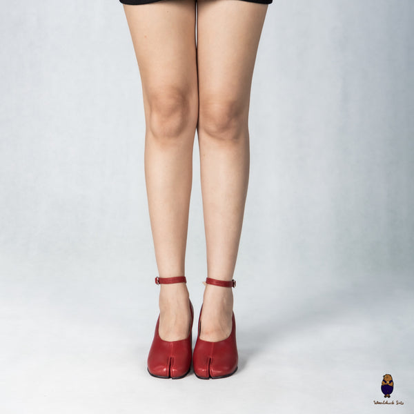 WoodChuckSato Burgundy Tabi Split-Toe Leather Mary Jane Pumps with 8cm Heels & Ankle Strap Buckle Sizes EU 35-41
