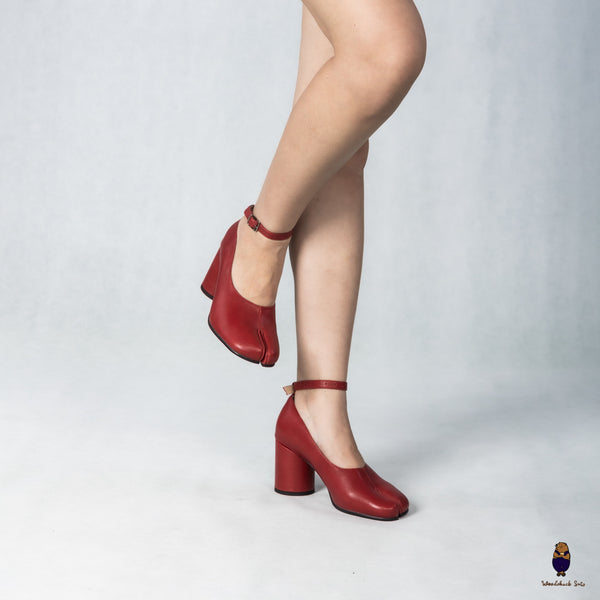 WoodChuckSato Burgundy Tabi Split-Toe Leather Mary Jane Pumps with 8cm Heels & Ankle Strap Buckle Sizes EU 35-41