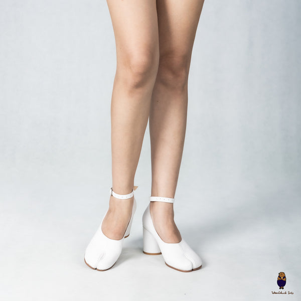 WoodChuckSato White Tabi Split-Toe Leather Mary Jane Pumps with 8cm Heels & Ankle Strap Buckle Sizes EU 35-41
