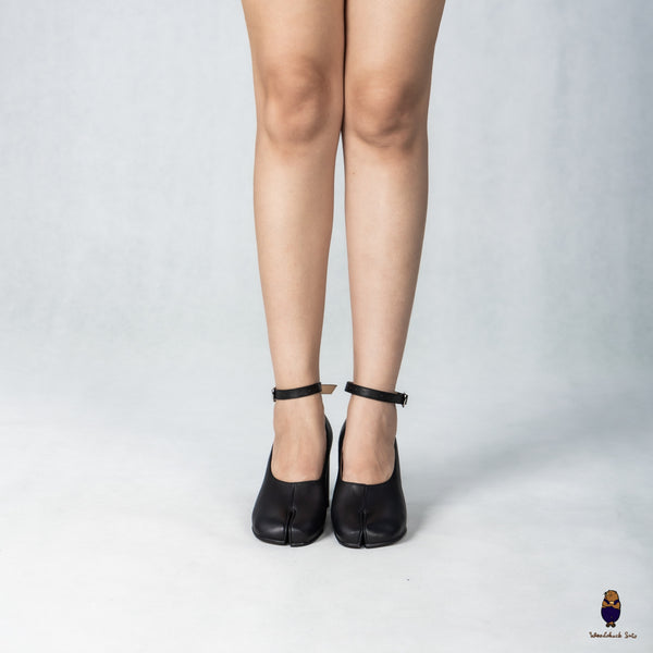 WoodChuckSato Black Tabi Split-Toe Leather Mary Jane Pumps with 8cm Heels & Ankle Strap Buckle Sizes EU 35-41