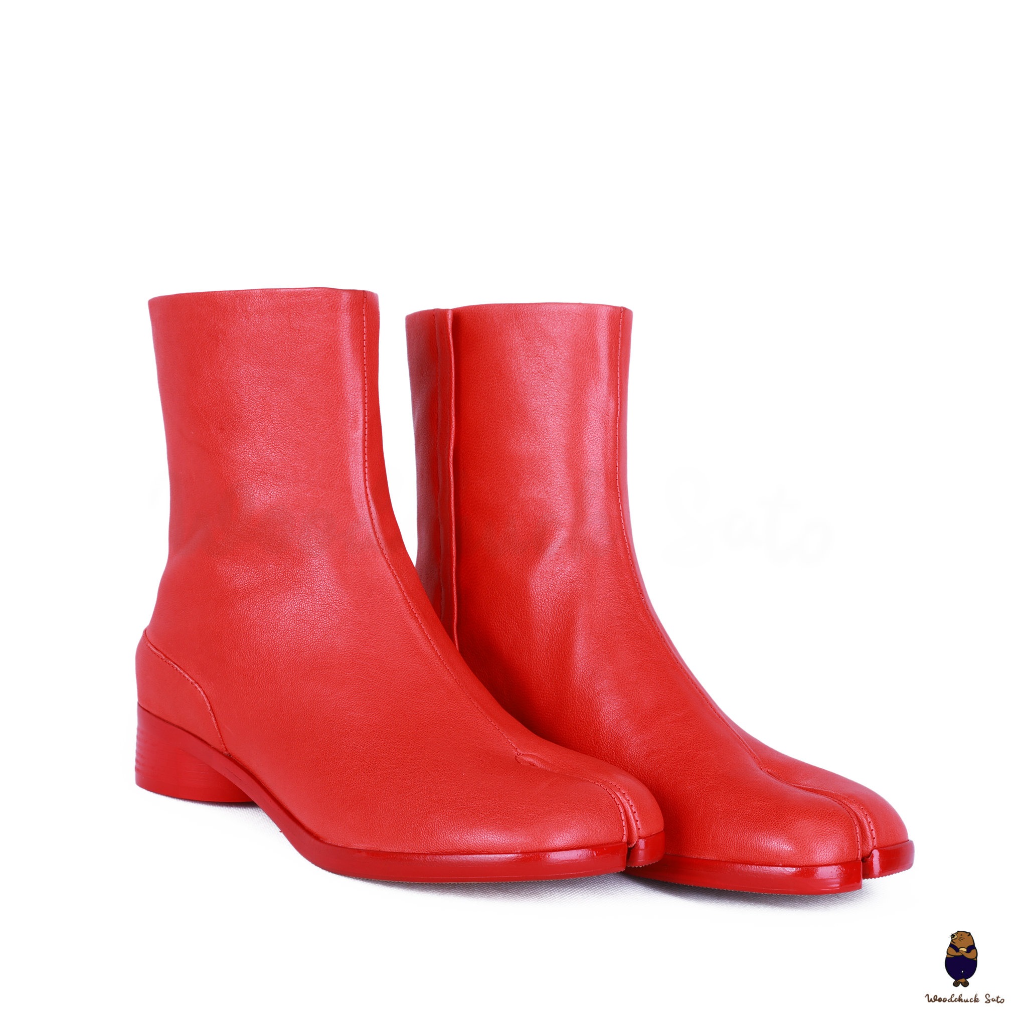 WoodChuckSato Stivali da Uomo in Pelle di Mucca con Punta Divisa Tabi Rosso Brillante da Donna con Altezza Tacco di 3 cm Taglie EU 35-48