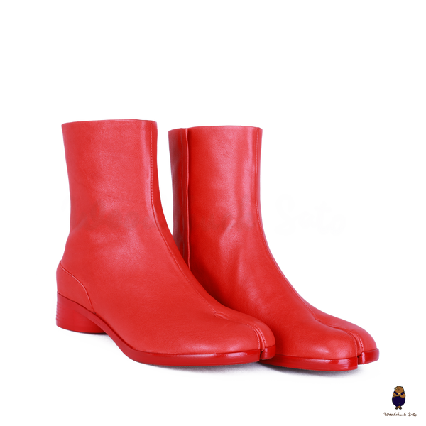 WoodChuckSato Stivali da Uomo in Pelle di Mucca con Punta Divisa Tabi Rosso Brillante da Donna con Altezza Tacco di 3 cm Taglie EU 35-48